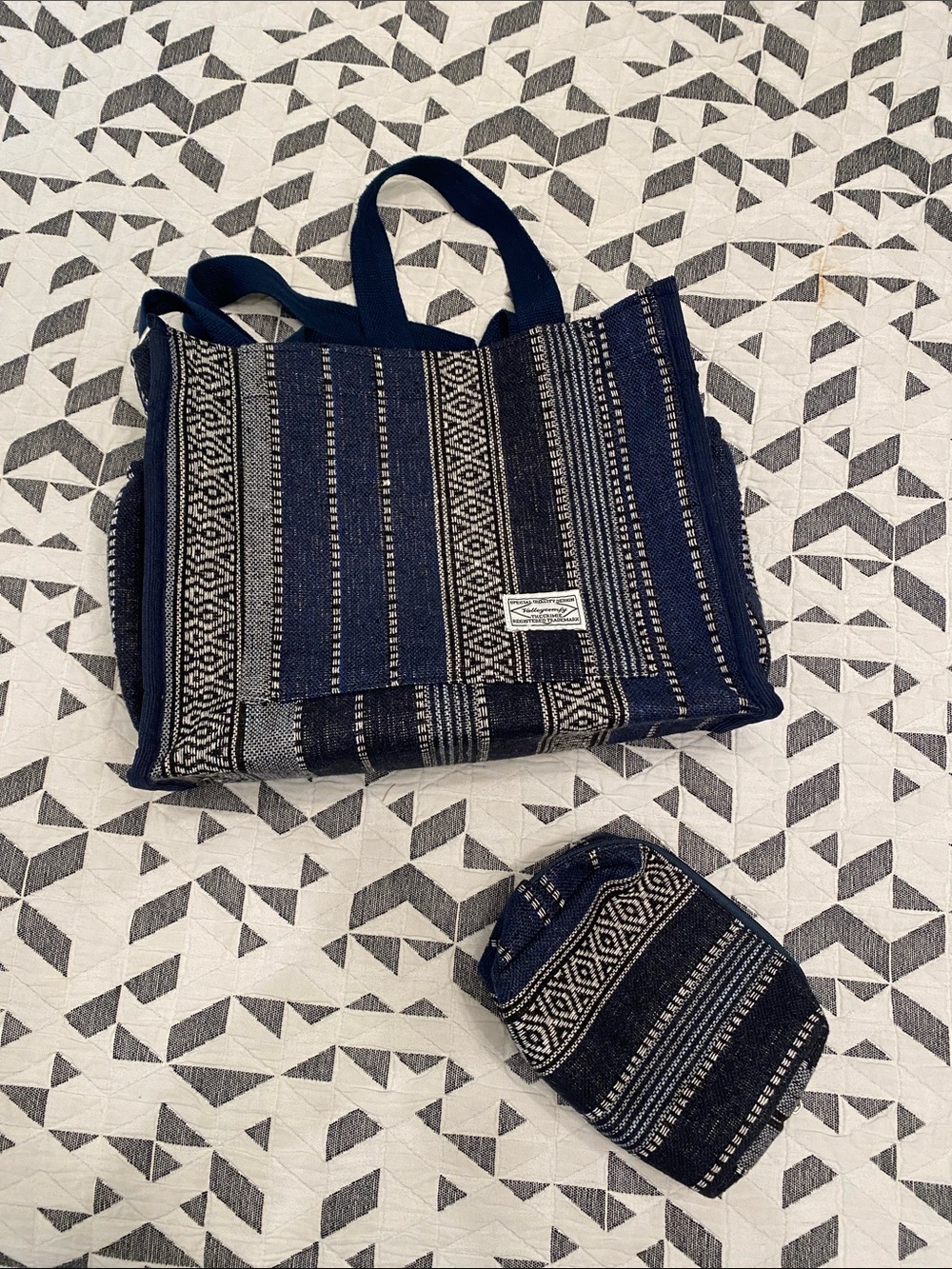 Striped Navy and Cream Woven Tote with Matching Pouch